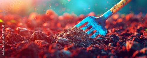 A blue garden fork is digging into the red soil photo