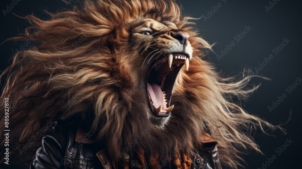 Fierce lion roaring with wind-blown mane