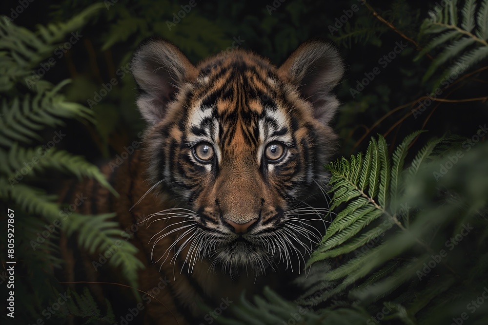 A tiger cub that emerges from the undergrowth, is in the forest and has aggressive and defiant eyes