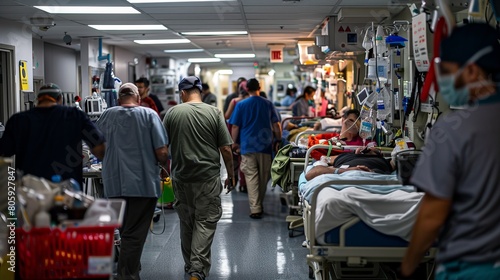 Healthcare Divide in the Emergency Room: A chaotic emergency room where wealthier patients receive attentive care, while those from disadvantaged backgrounds wait for hours to healthcare access. photo
