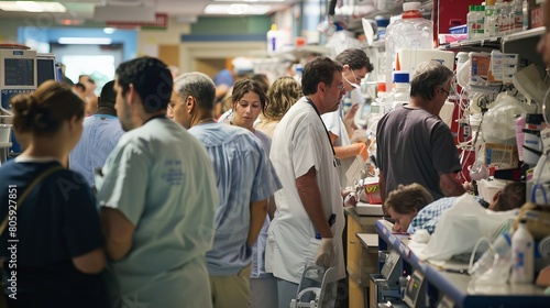 Healthcare Divide in the Emergency Room: A chaotic emergency room where wealthier patients receive attentive care, while those from disadvantaged backgrounds wait for hours to healthcare access. photo