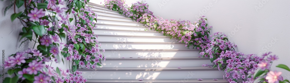 A white staircase with purple flowers on it