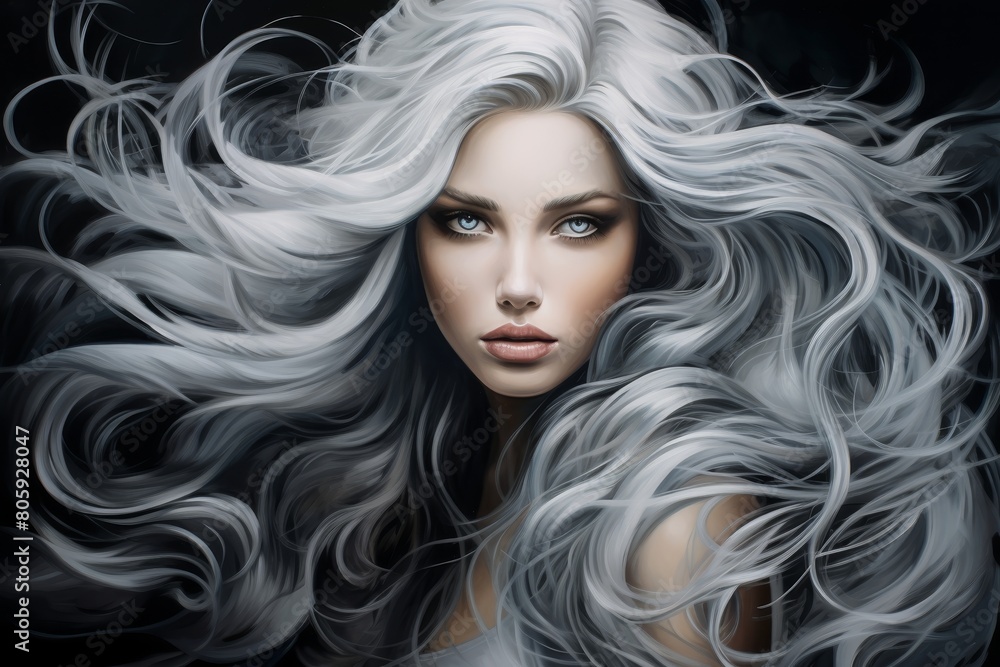 Fototapeta premium Dramatic portrait of a woman with flowing silver hair
