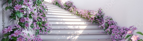 A white staircase with purple flowers on it