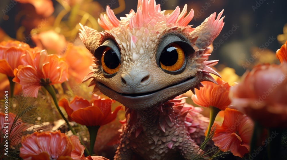 Cute fantasy creature surrounded by vibrant flowers Cute fantasy creature surrounded by vibrant flowers