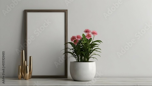 Interior poster mock up with plant pot flower in room with white wall.