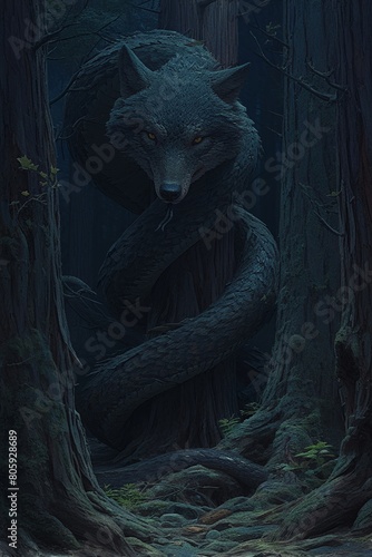 A menacing dire wolfsnake hybrid lurking in a dark forest, its serpentine body coiling around ancient trees, perfect for a horror or fantasy setting , high detailed