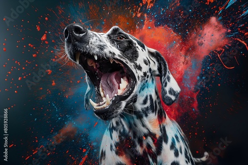 A dalmatian in full roar, charging forward with a fierce expression. Captured in a dynamic colours. Splashes and splatters around the dog suggest its swift movement and wild energy photo