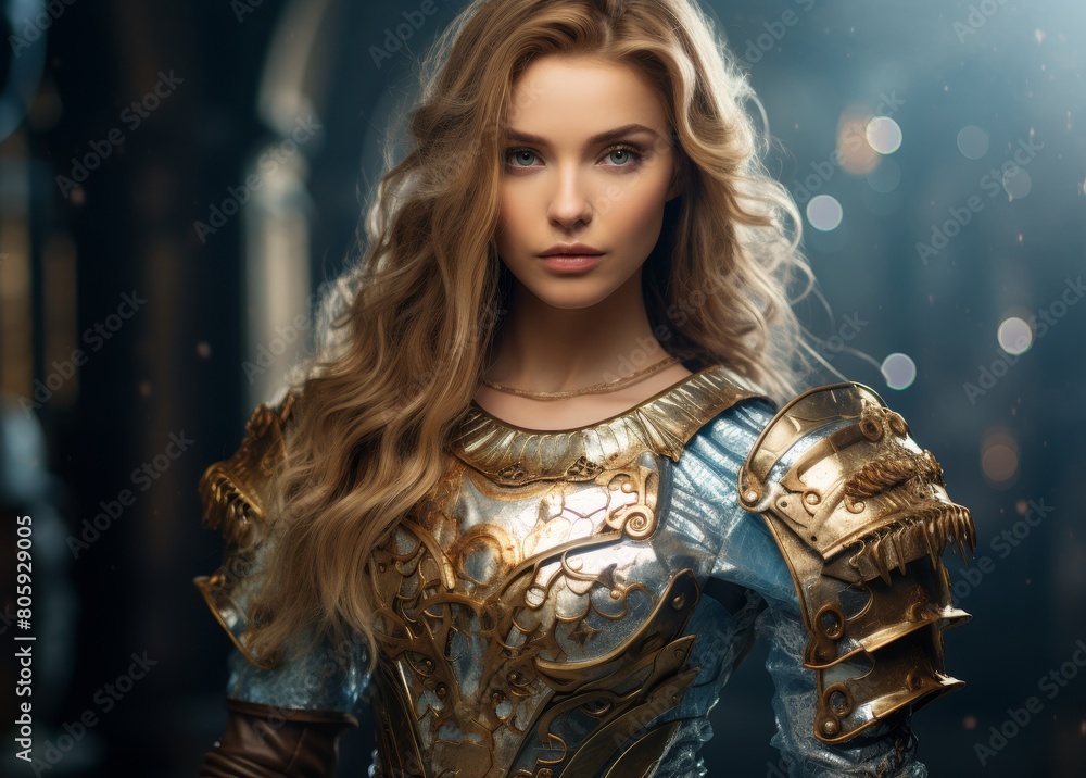 Fototapeta premium Warrior woman with golden armor and flowing blonde hair