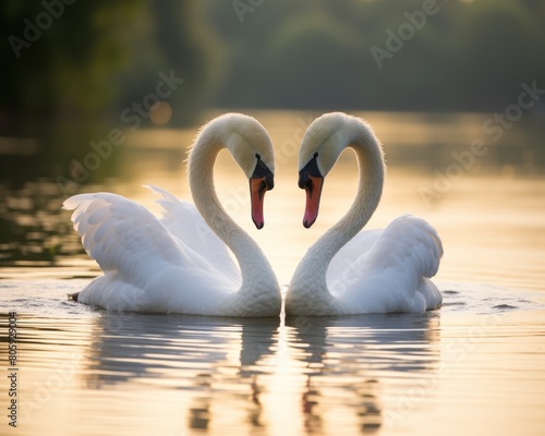 Pair of graceful swans swimming in a tranquil lake at sunset