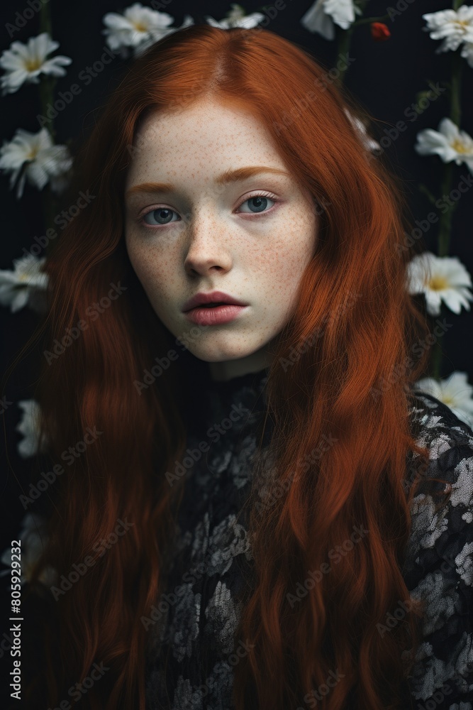 Redheaded woman with freckles and piercing blue eyes Redheaded woman with freckles and piercing blue eyes