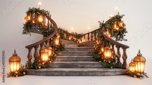A staircase with lights on it and flowers on it