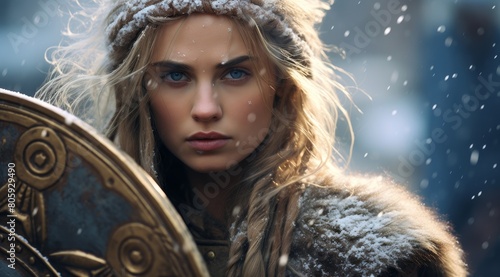 Fierce female warrior in winter battle