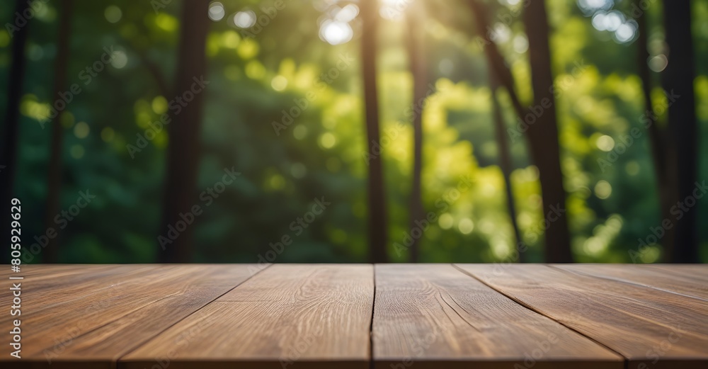 Empty wooden table top with blurred green nature forest background for product placement. Product background Empty wooden table top with blurred green nature forest background for product placement. Product background