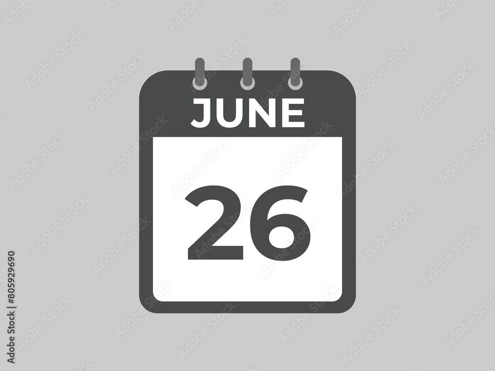 June 26 calendar reminder. 26 June daily calendar icon template. Calendar 26 June icon Design template. Vector illustration
June 26 calendar reminder. 26 June daily calendar icon template. Calendar 26 June icon Design template. Vector illustration