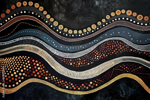 Sophisticated Aboriginal dot art featuring undulating lines and intricate patterns in vibrant colors on a dark, textured background.  © Karen