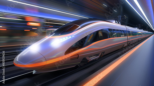 A high-speed train traveling at incredible velocity on magnetic levitation tracks. 