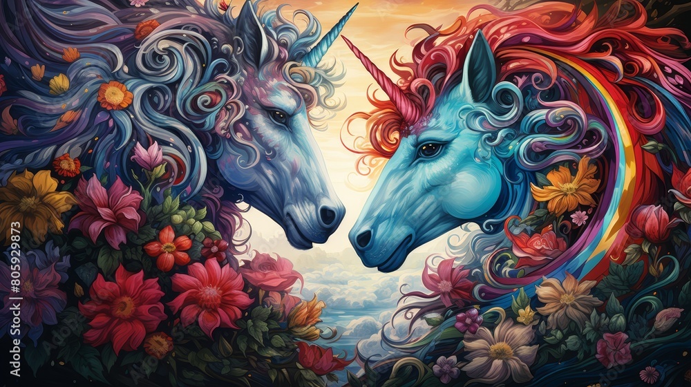 Colorful fantasy unicorn illustration with flowers