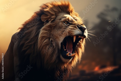 Fierce lion roaring in the wild