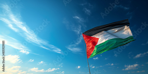 Palestine flag in the blue sky. Horizontal panoramic banner. © Karol
