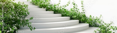 A white staircase with green plants growing up the steps