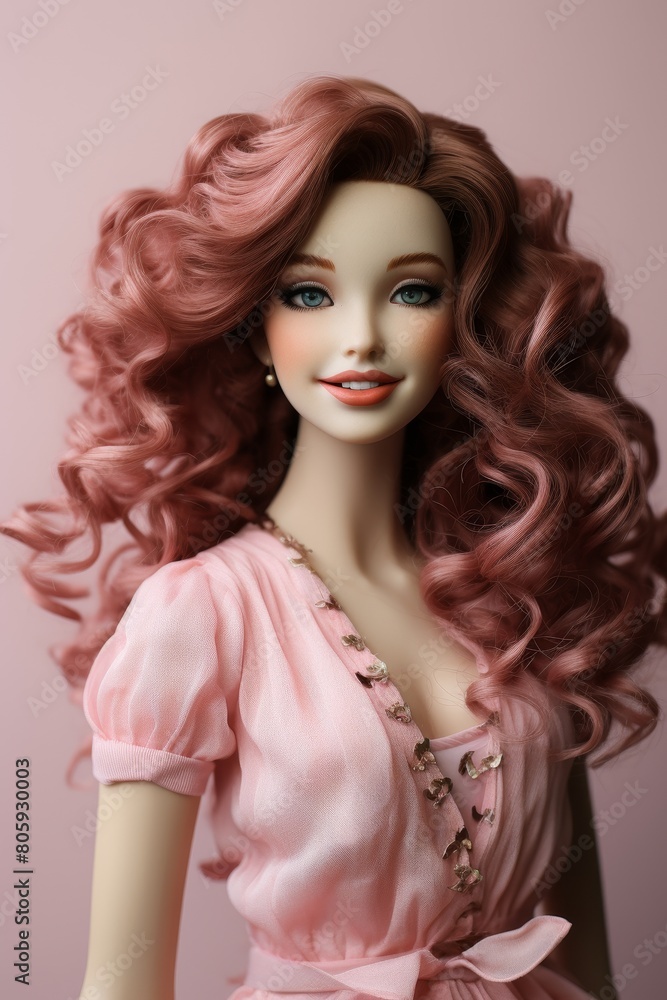Glamorous doll with curly pink hair and makeup
