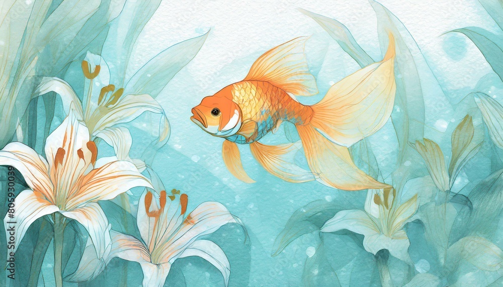 Naklejka premium 綺麗な金魚が百合と共に夏の香りを届ける透き通るような水墨画風のイラスト、水色の壁紙とグラデーション generated by AI