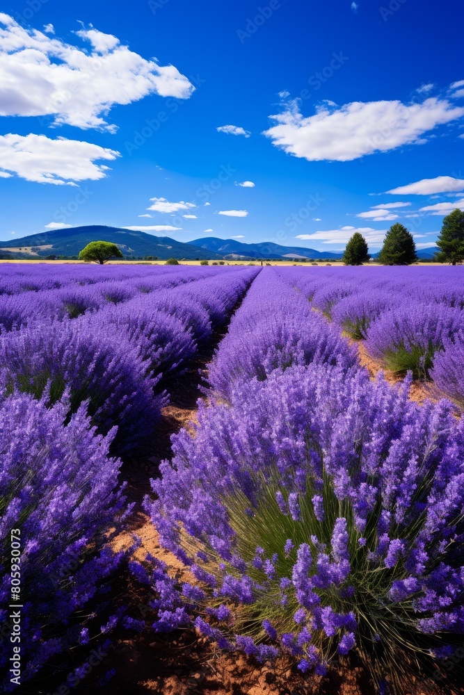 Obraz premium Lavender field under blue sky with clouds