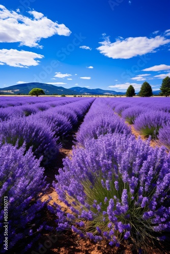 Lavender field under blue sky with clouds