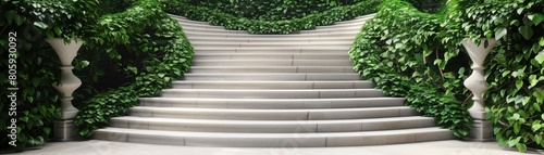 A staircase with a green hedge on either side photo