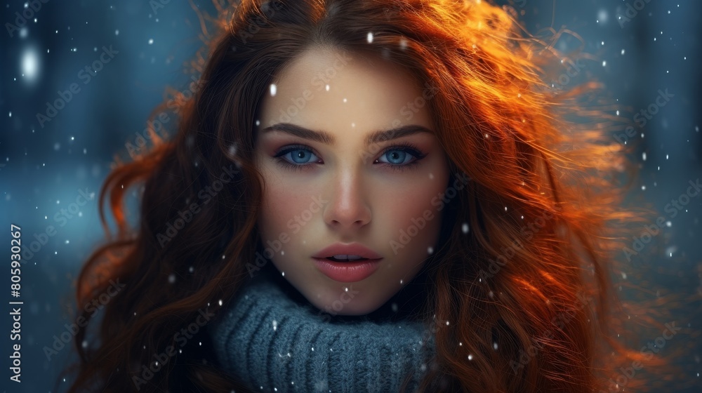 Fiery redhead in winter storm Fiery redhead in winter storm