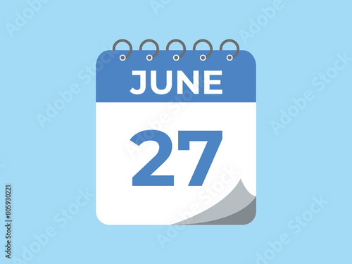 June 27 calendar reminder. 27 June daily calendar icon template. Calendar 27 June icon Design template. Vector illustration
