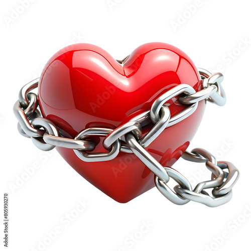 Red heart in chains closeup on a background of dirty old wall