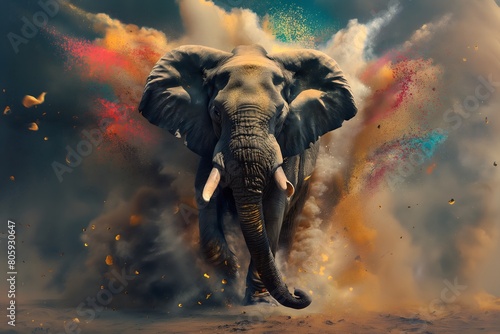An elephant in full roar, charging forward with a fierce expression. Captured in a dynamic colours. Splashes and splatters around the elephant suggest its swift movement and wild energy photo