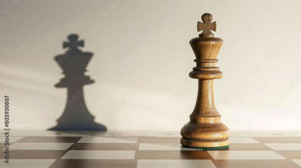 Chess piece on a board with a shadow of a king - Denoting strategic thinking and planning