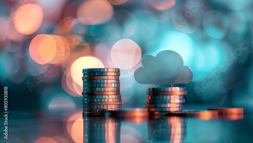 Cloud symbol on stack coins with bokeh background for cloud storage concept and digital money transfer business technology idea