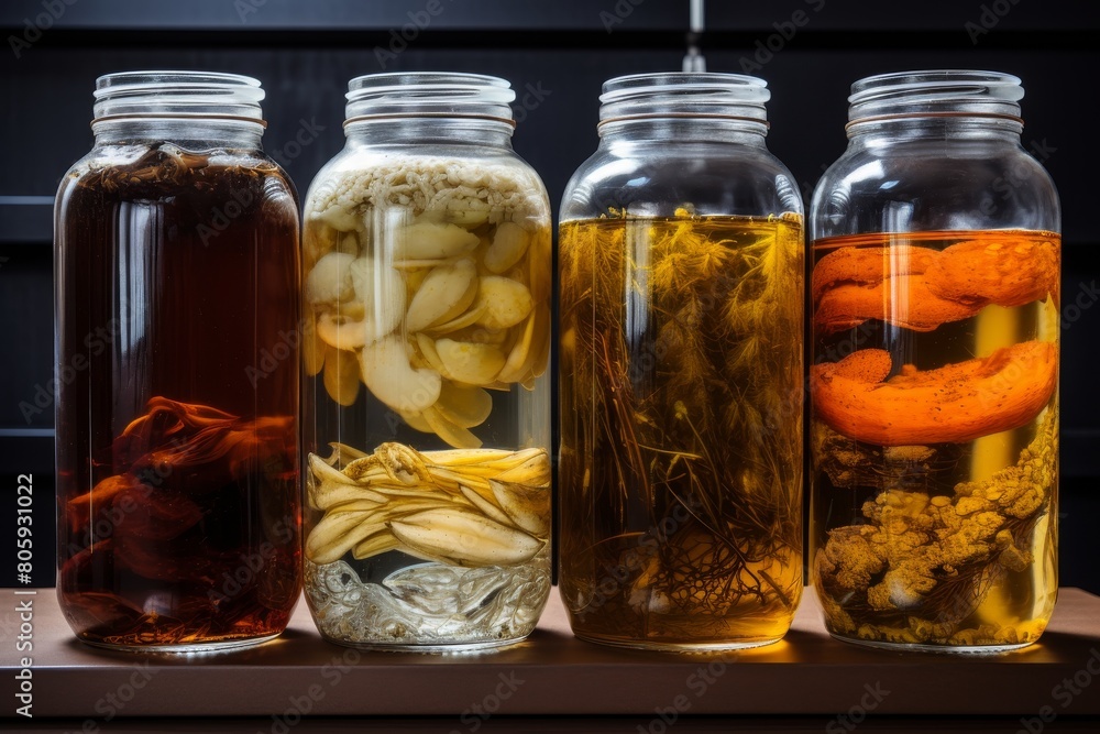 Assortment of pickled vegetables and herbs in glass jars Assortment of pickled vegetables and herbs in glass jars