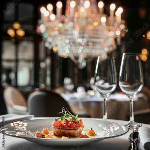 Elegant dishes presented in a luxury fine dining setting  showcasing a gourmet meal under crystal chandeliers  reflecting opulence and tasterealistic photography