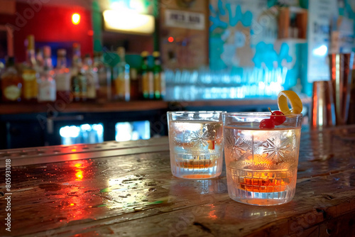 Two whiskey glasses glisten under the bar lights, filled with ice and spirits, waiting to be enjoyed in a lively bar setting photo