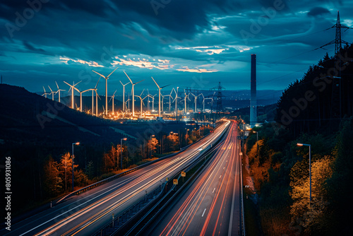 Long exposure shot capturing the motion of traffic on a highway with wind turbines and illuminated infrastructure at twilight photo