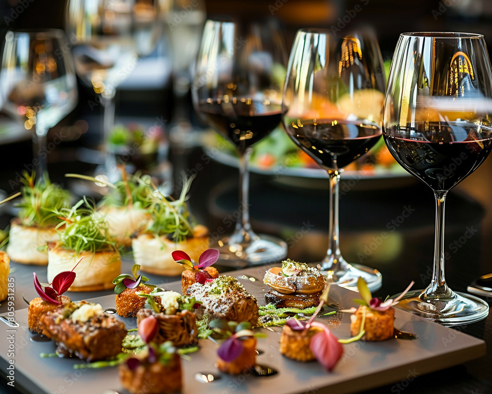 Gourmet food tasting event in an upscale urban restaurant, featuring a variety of small, exquisite dishes and wine pairingsrealistic photography Gourmet food tasting event in an upscale urban restaurant, featuring a variety of small, exquisite dishes and wine pairingsrealistic photography