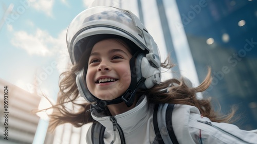 smiling young girl in astronaut helmet © Balaraw