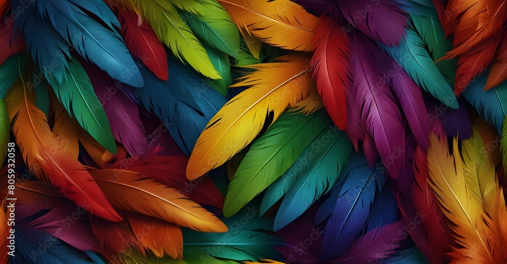 Fototapeta premium Colorful bird feathers texture background, closeup, wallpaper
