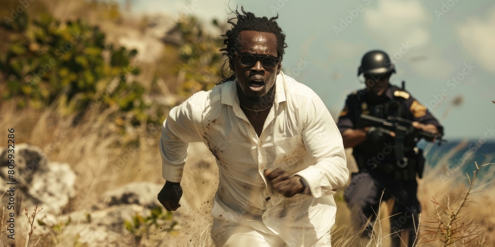 A black man in a white suit is running from an armed guard. AIG51A.