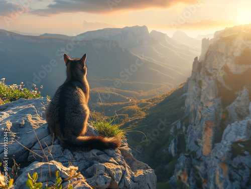 Chinchilla perched on a mountain peak, majestic valley below, crisp dawn light, wide panoramic view