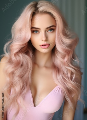 beautiful woman with long pink hair