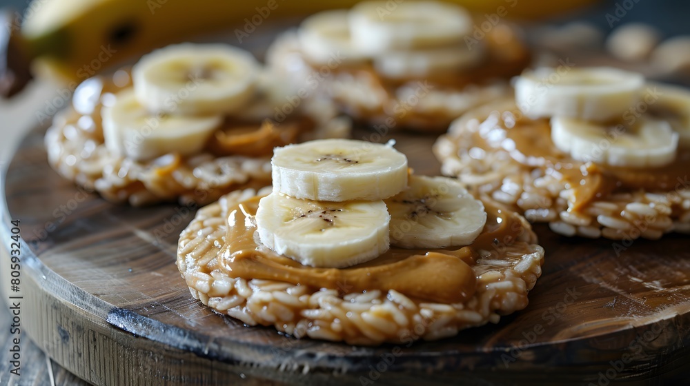 a healthy snack of rice cakes topped with peanut butter and banana slices, beautifully centered and detailed. a healthy snack of rice cakes topped with peanut butter and banana slices, beautifully centered and detailed.