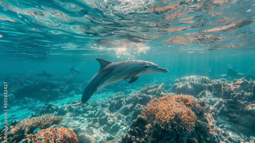 Obraz premium A pod of dolphins swimming in a clear, turquoise ocean, with a lone dolphin breaking the surface as it leaps gracefully into the air. The dolphins follow a natural coral reef path that leads to deeper