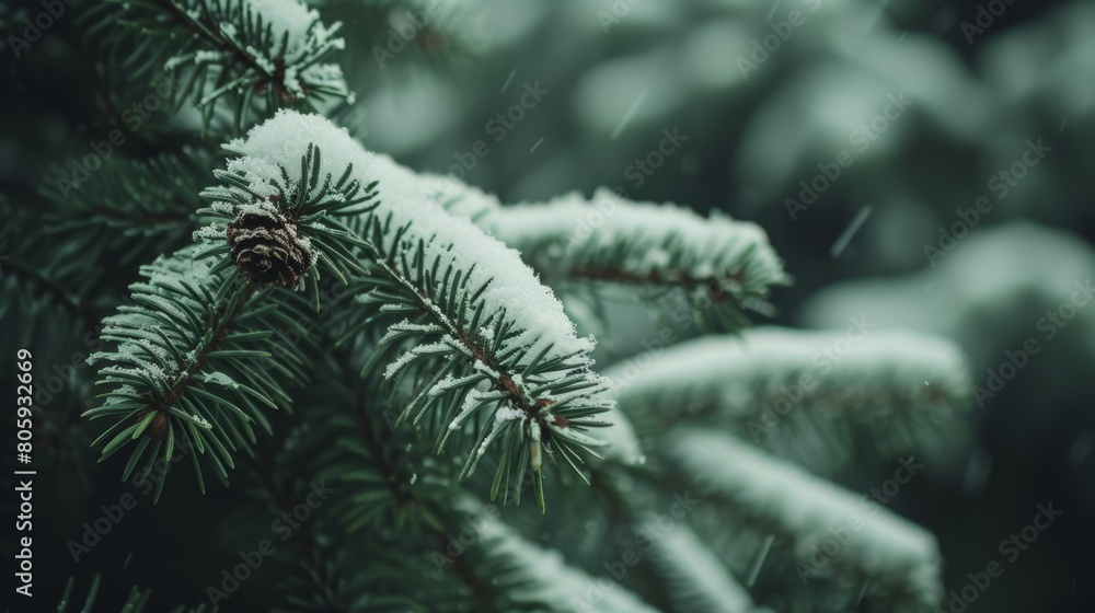 Winter background green pine spruce branches in the snow. snowy in bokeh lights defocused