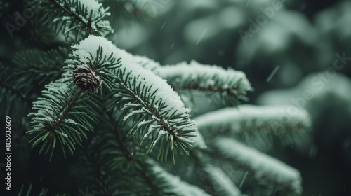Winter background green pine spruce branches in the snow. snowy in bokeh lights defocused